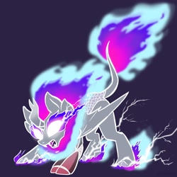 Size: 2048x2048 | Tagged: safe, artist:pfeffaroo, imported from derpibooru, oc, oc only, oc:technika, bat pony, kirin, nirik, winged kirin, amputee, electricity, fire, four ears, high res, prosthetic limb, prosthetics, solo