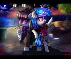 Size: 3600x3000 | Tagged: safe, artist:mjsw, imported from derpibooru, dj pon-3, octavia melody, vinyl scratch, earth pony, pony, unicorn, cigarette, cigarette holder, city, clothes, detective, duo, female, high res, letterboxing, mare, night, smoking