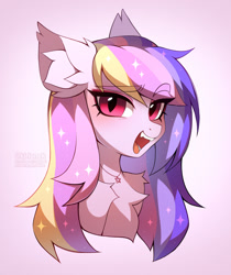 Size: 1280x1523 | Tagged: safe, artist:kirionek, imported from derpibooru, oc, oc only, oc:dream catcher (nekomellow), bat pony, pony, bat pony oc, bat wings, bust, fangs, fluffy, portrait, solo, sparkles, wings