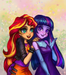 Size: 1520x1720 | Tagged: safe, artist:evivan, imported from derpibooru, sunset shimmer, twilight sparkle, equestria girls, duo, female, jpg, lesbian, shipping, sleeveless, smiling, sunsetsparkle