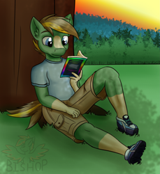 Size: 2355x2570 | Tagged: safe, artist:askavrobishop, imported from derpibooru, oc, anthro, earth pony, book, clothes, grass, high res, male, reading, shirt, shoes, shorts, stallion, sunset, tree