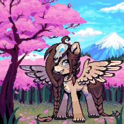 Size: 900x900 | Tagged: safe, artist:hikkage, imported from derpibooru, oc, oc only, oc:ondrea, pegasus, pony, animated, braid, braided tail, cherry, cherry blossoms, cloud, female, fire, flower, flower blossom, food, gif, hair over one eye, idle, idle animation, looking at you, magic, mare, mountain, pink, pixel art, pretty, scenery, skull, smiling, smiling at you, solo, spread wings, tree, wings