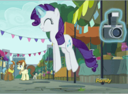 Size: 614x450 | Tagged: safe, edit, edited screencap, imported from derpibooru, screencap, lucky breaks, neigh sayer, pegasus olsen, peggy holstein, rarity, earth pony, pony, unicorn, season 6, the gift of the maud pie, animated, behaving like pinkie pie, camera, cropped, cute, discovery family logo, excited, eyes closed, female, flea market, gif, happy, lowres, magic, male, manehattan, mare, open mouth, pronking, raribetes, solo focus, stallion, telekinesis