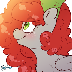 Size: 2000x2000 | Tagged: safe, artist:fluffyxai, imported from derpibooru, oc, oc only, oc:scenic spatter, pegasus, pony, blushing, cute, fluffy mane, high res, looking sideways, looking to side, side view, simple background, smiling, solo, white background