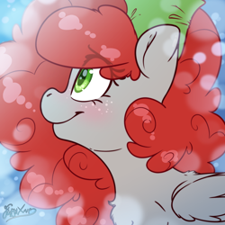 Size: 2000x2000 | Tagged: safe, artist:fluffyxai, imported from derpibooru, oc, oc only, oc:scenic spatter, pegasus, pony, abstract background, blushing, cute, fluffy mane, high res, looking sideways, looking to side, side view, simple background, smiling, solo