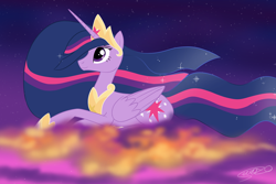 Size: 3000x2000 | Tagged: safe, artist:serra20, imported from derpibooru, twilight sparkle, alicorn, pony, the last problem, cloud, female, high res, mare, older, older twilight, older twilight sparkle (alicorn), on a cloud, png, princess twilight 2.0, sitting, sitting on a cloud, sitting on cloud, smiling, solo, sunset, twilight sparkle (alicorn)