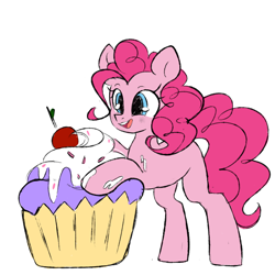 Size: 1000x1000 | Tagged: safe, artist:thieftea, imported from derpibooru, pinkie pie, earth pony, pony, cupcake, cute, diapinkes, female, food, mare, open mouth, simple background, solo, white background