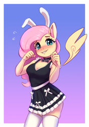 Size: 1500x2128 | Tagged: safe, artist:mrscroup, imported from derpibooru, fluttershy, anthro, pegasus, adorasexy, bare shoulders, blushing, breasts, bunny ears, cleavage, clothes, cute, daaaaaaaaaaaw, female, floating wings, fluttermaid, looking at you, maid, necktie, reasonably sized breasts, schrödinger's pantsu, sexy, shyabetes, skirt, smiling, socks, solo, tanktop, thigh highs, wings