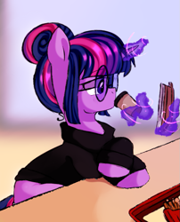 Size: 713x884 | Tagged: safe, artist:thieftea, imported from derpibooru, sci-twi, twilight sparkle, pony, unicorn, equestria girls, book, clothes, coffee cup, cup, equestria girls ponified, female, glasses, magic, mare, ponified, profile, reading, solo, sweater, telekinesis, unicorn sci-twi