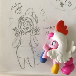 Size: 1440x1440 | Tagged: safe, artist:scribleydoodles, imported from derpibooru, pinkie pie, earth pony, human, pony, animal costume, chicken pie, chicken suit, clothes, costume, female, humanized, irl, mare, merchandise, open mouth, photo, sketch, solo, traditional art