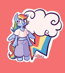 Size: 800x900 | Tagged: safe, artist:scribleydoodles, imported from derpibooru, rainbow dash, anthro, pegasus, chibi, clothes, female, midriff, pants, red background, shirt, shorts, simple background, solo, sweatpants, t-shirt