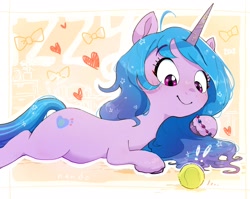 Size: 2030x1615 | Tagged: safe, artist:nendo, imported from derpibooru, izzy moonbow, pony, unicorn, abstract background, ball, bracelet, cute, female, g5, heart, izzy's tennis ball, izzybetes, jewelry, looking at something, lying down, mare, smiling, solo, tennis ball, unshorn fetlocks