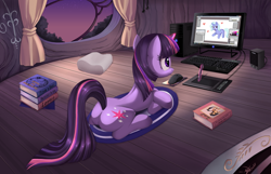 Size: 900x579 | Tagged: safe, artist:ponykillerx, imported from ponybooru, twilight sparkle, unicorn, book, computer, graphics tablet, keyboard, mouse cursor, speakers, stylus, unicorn twilight