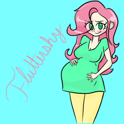 Size: 1280x1281 | Tagged: safe, artist:elizadraw, fluttershy, human, blush sticker, blushing, clothes, cyan background, eye clipping through hair, female, green eyes, hands on belly, humanized, preggoshy, pregnant, sensibly-proportioned pregnancy, shirt, simple background, smiling, solo, t-shirt