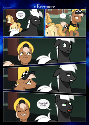 Size: 3259x4607 | Tagged: safe, artist:estories, imported from derpibooru, oc, oc only, oc:ace, oc:alice goldenfeather, oc:möbius, earth pony, pegasus, pony, unicorn, comic:nevermore, ..., :3, comic, female, horn, male, mare, silly face, speech bubble, stallion, taxi pony, wings