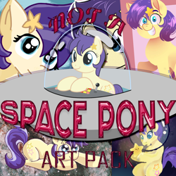 Size: 3000x3000 | Tagged: safe, artist:lechu-zaz, artist:marbeck_213, artist:nekoshiei, artist:nyancat380, imported from derpibooru, star dancer, earth pony, pony, art pack:not a space pony, my little pony: the manga, absurd file size, advertisement, announcement, art pack, art pack cover, female, hairpin, high res, mare, simple background, space helmet, star dancer appreciation collab, stars, teaser, ufo