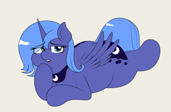 Size: 2684x1756 | Tagged: safe, artist:blitzyflair, imported from derpibooru, imported from ponybooru, princess luna, alicorn, pony, both cutie marks, chubby, eye clipping through hair, female, jpg, looking at you, lying down, mare, open mouth, peytral, prone, raised hoof, raised leg, s1 luna, simple background, solo