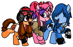 Size: 505x327 | Tagged: safe, artist:vgc2001, imported from derpibooru, pony, unicorn, clothes, controller, female, gloves, goggles, hammer, happy, hat, headphones, jacket, joystick, mare, meggy spletzer, meta runner, paint, ponified, ponytails, robotic arm, saiko, smg4, splatoon, tari, trotting