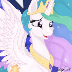 Size: 1920x1920 | Tagged: safe, artist:caliunicalien, imported from derpibooru, princess celestia, alicorn, pony, crown, cute, cutelestia, eyelashes, feather, female, jewelry, jpg, mare, open mouth, open smile, regalia, signature, smiling, solo, spread wings, wings