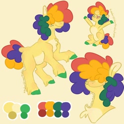Size: 1000x1000 | Tagged: safe, artist:random_glitter_productions, imported from derpibooru, oc, oc only, earth pony, pony, bust, chest fluff, colored hooves, male, rearing, reference sheet, signature, simple background, smiling, stallion, yellow background