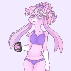 Size: 1000x1000 | Tagged: safe, artist:random_glitter_productions, imported from derpibooru, oc, oc only, anthro, earth pony, bra, clothes, cup, female, frown, panties, signature, simple background, solo, underwear