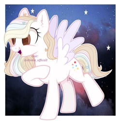 Size: 1080x1080 | Tagged: safe, artist:elinka_officall, imported from derpibooru, oc, oc only, pegasus, pony, eyelashes, night, open mouth, pegasus oc, raised hoof, smiling, solo, stars, two toned wings, wings