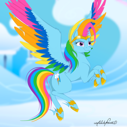 Size: 1920x1920 | Tagged: safe, artist:caliunicalien, imported from derpibooru, rainbow dash, pegasus, pony, colored wings, feather, female, g5 concept leak style, g5 concept leaks, jewelry, mare, multicolored hair, multicolored tail, multicolored wings, png, rainbow dash (g5 concept leak), rainbow wings, raised hoof, signature, solo, spread wings, tiara, unshorn fetlocks, wings