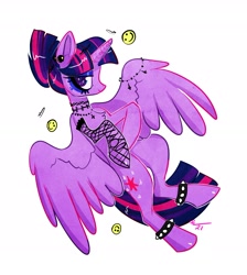 Size: 2020x2251 | Tagged: safe, artist:opalacorn, imported from derpibooru, twilight sparkle, alicorn, pony, alternate hairstyle, anklet, chest fluff, ear piercing, earring, eyeshadow, female, goth, high res, jewelry, makeup, mare, necklace, piercing, simple background, smiley face, solo, spiked anklets, spiked wristband, tattoo, twilight sparkle (alicorn), white background, wristband