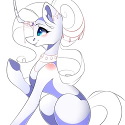 Size: 1080x1080 | Tagged: safe, artist:tessa_key_, imported from derpibooru, rarity, pony, unicorn, choker, curved horn, female, horn, horn jewelry, jewelry, lineart, mare, partial color, raised hoof, simple background, smiling, solo, white background, wip