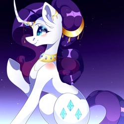 Size: 1080x1080 | Tagged: safe, alternate version, artist:tessa_key_, imported from derpibooru, rarity, pony, unicorn, choker, colored, curved horn, female, gradient background, horn, horn jewelry, jewelry, makeup, mare, raised hoof, smiling, solo