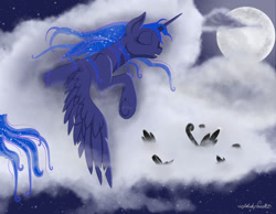 Size: 1600x1239 | Tagged: safe, artist:caliunicalien, imported from derpibooru, princess luna, alicorn, pony, cloud, eyes closed, feather, female, mare, moon, night, signature, sky, sleeping, solo, spread wings, stars, wings