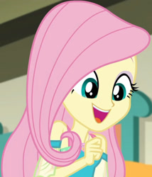 Size: 1920x2240 | Tagged: safe, imported from derpibooru, screencap, fluttershy, equestria girls, equestria girls series, holidays unwrapped, spoiler:eqg series (season 2), cropped, cute, female, geode of fauna, jewelry, jpg, magical geodes, necklace, o come all ye squashful, open mouth, shyabetes, smiling, solo