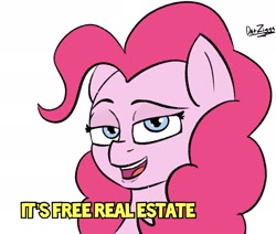 Size: 2079x1760 | Tagged: safe, artist:datzigga, edit, imported from derpibooru, pinkie pie, earth pony, pony, caption, female, image macro, it's free real estate, jpg, looking at you, low effort, mare, meme, open mouth, ponified meme, smiling, solo, text, tim and eric