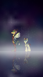 Size: 1746x3104 | Tagged: safe, artist:forest-lark, imported from derpibooru, oc, draconequus, hybrid, pegasus, draconequus oc, fog, interspecies offspring, looking up, night, night sky, offspring, parent:discord, parent:fluttershy, parents:discoshy, pegasus oc, reflection, sky, wings