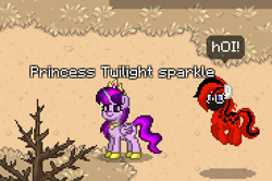 Size: 369x245 | Tagged: safe, imported from derpibooru, twilight sparkle, alicorn, insect, ladybug, pony, ashes town, duo, game screencap, hoi, ponified, species swap, this will not end well, twilight hates ladybugs, twilight sparkle (alicorn)