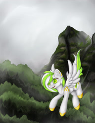 Size: 2144x2797 | Tagged: safe, artist:hellythequeen, imported from derpibooru, oc, oc only, oc:helly, pegasus, pony, cloud, cloudy, flying, high res, looking down, mountain, pegasus oc, solo, wings