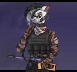 Size: 1280x1195 | Tagged: safe, artist:lisochka69, imported from derpibooru, oc, oc only, anthro, earth pony, army, clothes, digital art, ear piercing, earring, gun, jewelry, male, piercing, rifle, simple background, solo, solo male, sunglasses, weapon