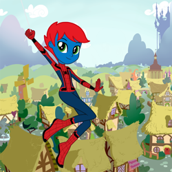 Size: 900x900 | Tagged: safe, artist:ry-bluepony1, imported from derpibooru, oc, oc:train track, human, equestria girls, base used, ponyville, show accurate, spider-man, swinging