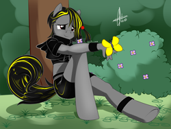 Size: 2000x1500 | Tagged: safe, artist:zcomic, imported from derpibooru, oc, oc only, oc:happy emo, oc:happy-emo, oc:happyemo, anthro, butterfly, earth pony, unguligrade anthro, bush, clothes, digital art, female, niclove, pants, shirt, sitting, solo, solo female, tail, tree