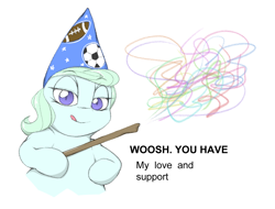 Size: 1084x823 | Tagged: safe, artist:lyrabop, imported from derpibooru, oc, oc only, oc:wizpone, earth pony, pony, clothes, female, hat, looking at you, magic, mare, meme, ponified animal photo, shitposting, simple background, solo, text, tongue out, wand, white background, wizard hat