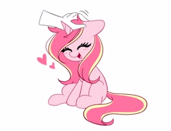 Size: 4096x3148 | Tagged: safe, artist:kittyrosie, imported from derpibooru, oc, oc only, oc:rosa flame, pony, unicorn, blushing, cute, eyes closed, floating heart, hand, heart, kittyrosie is trying to murder us, ocbetes, open mouth, petting, simple background, solo focus, weapons-grade cute, white background