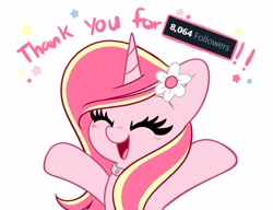 Size: 4096x3153 | Tagged: safe, artist:kittyrosie, imported from derpibooru, oc, oc only, oc:rosa flame, pony, unicorn, blushing, cute, eyes closed, followers, meta, ocbetes, open mouth, simple background, solo, twitter, white background
