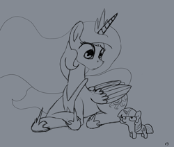 Size: 2742x2325 | Tagged: safe, artist:dark shadow, imported from derpibooru, princess celestia, twilight sparkle, alicorn, pony, unicorn, crown, cute, female, folded wings, high res, hoof shoes, jewelry, lying down, mare, monochrome, peytral, regalia, solo, twiggie, wings