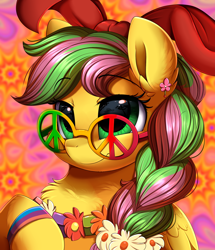 Size: 1722x2003 | Tagged: safe, artist:pridark, imported from derpibooru, oc, oc only, pegasus, pony, bust, commission, cutie mark, female, glasses, green eyes, hippie, mare, peace symbol, portrait, round glasses, smiling, solo