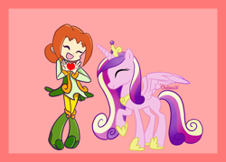 Size: 2600x1876 | Tagged: safe, artist:chelseawest, imported from derpibooru, princess cadance, ally (puyo puyo), colored background, crossover, heart, heart hands, puyo puyo, smiling