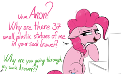 Size: 1784x1102 | Tagged: safe, artist:pinkberry, imported from derpibooru, pinkie pie, oc, oc:anonymous, earth pony, pony, brony, colored, ears back, fanboy, offscreen character, sketch, solo, speech, talking, uncomfortable