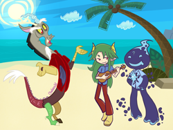 Size: 2400x1801 | Tagged: safe, artist:chelseawest, imported from derpibooru, discord, beach, clothes, crossover, dark prince, ecolo, hawaiian shirt, musical instrument, pointed ears, puyo puyo, satan (puyo puyo), shirt, ukulele