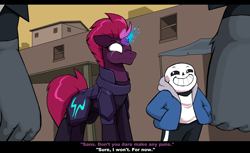 Size: 2500x1531 | Tagged: safe, artist:droll3, imported from derpibooru, tempest shadow, pony, unicorn, angry, body armor, bone, broken horn, crossover, horn, klugetown, sans (undertale), skeleton, smug, storm guard, subtitles, undertale