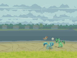 Size: 800x600 | Tagged: safe, artist:rangelost, imported from derpibooru, oc, oc only, earth pony, pony, cyoa:d20 pony, ball, cloud, cloudy, grass, house, lake, outdoors, pixel art, swimming, tree, trio