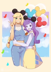 Size: 1448x2048 | Tagged: safe, artist:maoo720, imported from derpibooru, applejack, rarity, equestria girls, balloon, disney, disneyland, female, freckles, hat, lesbian, lesbian applejack, lesbian rarity, mickey balloon, mickey hat, open mouth, peace sign, rarijack, shipping, smiling